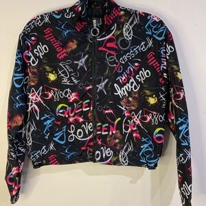 Graffiti Bomber Jacket Multicolor Woman's Size S Casual Cropped Streetwear Edge